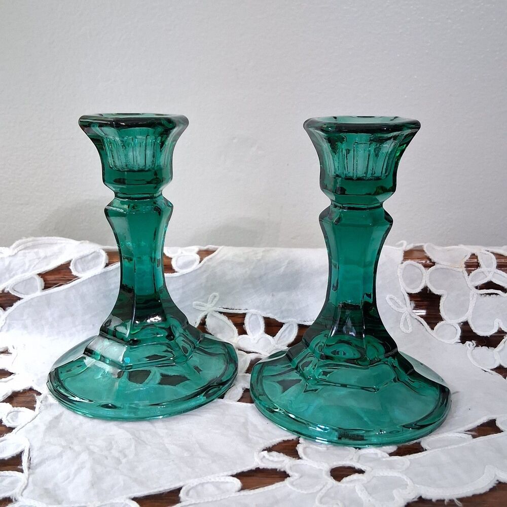 Vintage Pair Of Emerald Green Glass Candle Stick Holder 4.5"